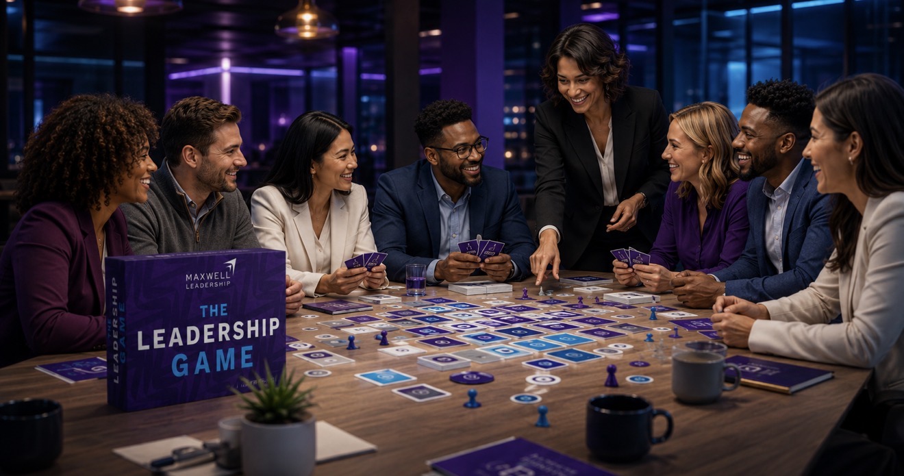 A facilitated Leadership Game session with a corporate team gathered around a table playing The Leadership Game cards